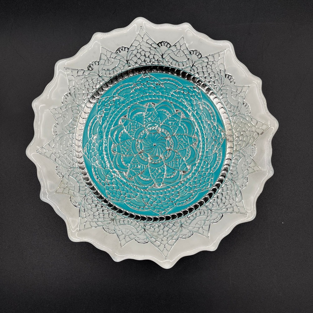 Efe‎ Glass Turkish Bowl Teal Silver Lace Mandala 100% Genuine Silver Glaze